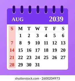 August 2039 Calendar Design. Clean and simple monthly planner. Perfect for academic scheduling. Vector illustration