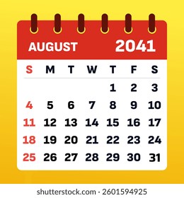 August 2041 Calendar Layout. Vector illustration of an August planner. August 2041 Monthly Planner. Modern flat design
