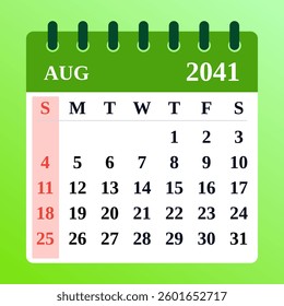August 2041 Calendar Layout. Vector illustration of an August planner. August 2041 Monthly Planner. Modern flat design