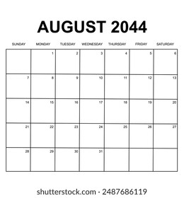 august 2044. monthly calendar design. week starts on sunday. printable, simple, and clean vector design isolated on white background.