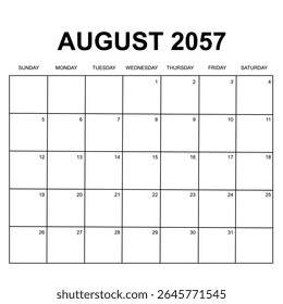 agosto 2057. design de calendário mensal. semana começa no domingo. imprimível, editável, simples e design de vetor limpo isolado no fundo branco.