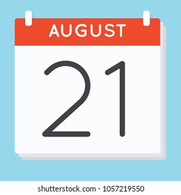 August 21. Calendar icon. Vector illustration in flat design isolated in blue background. Date and time, day, month.
