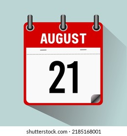 21 de agosto ,ilustración vectorial de icono de calendario, aislada en fondo azul claro.