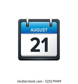 August 21. Calendar icon.Vector illustration,flat style.Month and date.Sunday,Monday,Tuesday,Wednesday,Thursday,Friday,Saturday.Week,weekend,red letter day. 2017,2018 year.Holidays.