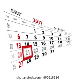 August 21, highlighted on 2017 calendar. Week starts from Sunday. Vector Illustration.