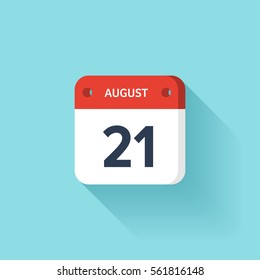 August 21. Isometric Calendar Icon With Shadow.Vector Illustration,Flat Style.Month and Date.Sunday,Monday,Tuesday,Wednesday,Thursday,Friday,Saturday.Week,Weekend,Red Letter Day. Holidays 2017.