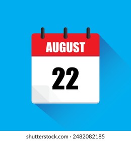 Calendario del 22 de agosto. Página en rojo y blanco. Vector plano. Fondo azul.