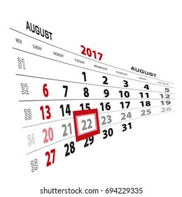 August 22, highlighted on 2017 calendar. Week starts from Sunday. Vector Illustration.