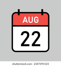 página del calendario de color rojo y blanco del 22 de agosto con contorno negro, ilustración vectorial de fecha del calendario