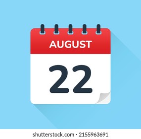 August 22, twenty-two of the month. Vector flat design of daily calendar icon. Date and day of the year.