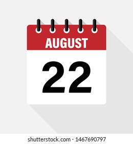 August 22. Vector flat daily calendar icon. Date and time, day, month. Holiday.