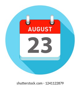 August 23 Date on a Single Day Calendar in Flat Style with long flat shadow on a blue background