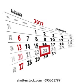August 23, highlighted on 2017 calendar. Week starts from Sunday. Vector Illustration.