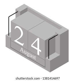 August 24th date on a single day calendar. Gray wood block calendar present date 24 and month August isolated on white background. Holiday. Season. Vector isometric illustration