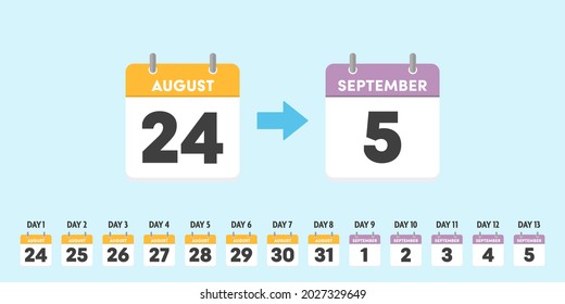 August 24th to September 5th calendar. Summer to Fall or Autumn, month changes concept Infographics for Event, Sale, or Sports Games. 