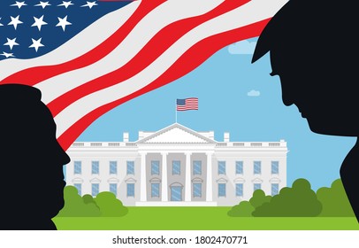 August 25, 2020 -  Character Illustration Of Joe Biden Facing Donald Trump. On White House Background. Illustrating The 2020 US Presidential Election