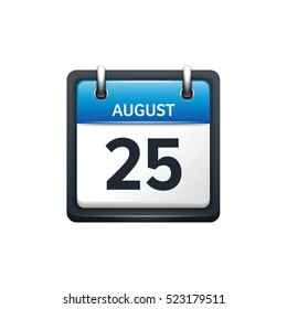 August 25. Calendar icon.Vector illustration,flat style.Month and date.Sunday,Monday,Tuesday,Wednesday,Thursday,Friday,Saturday.Week,weekend,red letter day. 2017,2018 year.Holidays.