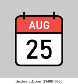 página del calendario de color rojo y blanco del 25 de agosto con contorno negro, ilustración vectorial de fecha del calendario