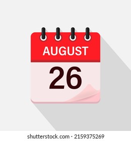 August 26, Calendar icon with shadow. Day, month. Flat vector illustration.
