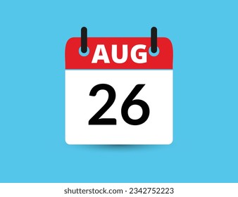 26 de agosto. Calendario de icono plano aislado en fondo azul. Ilustración vectorial de fecha y mes