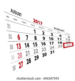 August 26, highlighted on 2017 calendar. Week starts from Sunday. Vector Illustration.