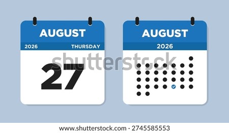 August 27 2026 (Thursday) Calendar page Vector Illustration. 27 August calendar page. Day calendar with date August 27. Week Starts on Sunday. Modern Calendar template icon.