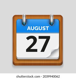 August 27 blue daily realistic calendar with wooden frame icon date vector image