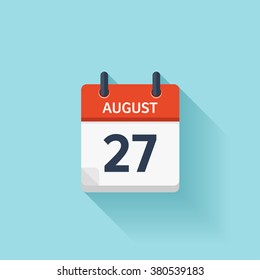 August 27. Calendar icon.Vector illustration,flat style.Date,day of month:Sunday,Monday,Tuesday,Wednesday,Thursday,Friday,Saturday.Weekend,red letter day.Calendar for 2017 year.Holidays in August.