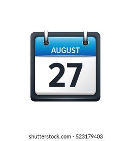 August 27. Calendar icon.Vector illustration,flat style.Month and date.Sunday,Monday,Tuesday,Wednesday,Thursday,Friday,Saturday.Week,weekend,red letter day. 2017,2018 year.Holidays.