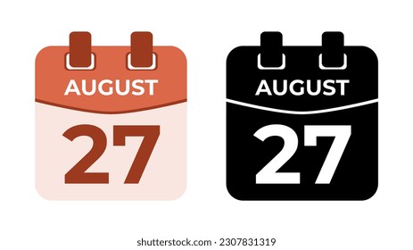 27 de agosto fecha de icono del calendario de espiral diario plano en dos modos vectoriales, color coincidente y relleno negro. Perfecto para el diseño de material, como evento o recordatorio. Los mejores recursos gráficos editables.