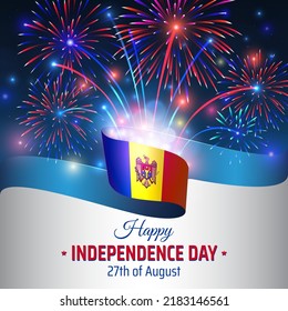 August 27, moldova independence day, vector template with moldavian flag and colorful fireworks on blue night sky background. Moldova national holiday august 27th. Independence day card