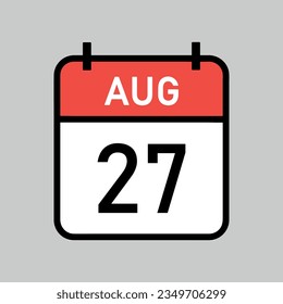 august 27 red and white color calendar page with black outline, calendar date vector illustration svg