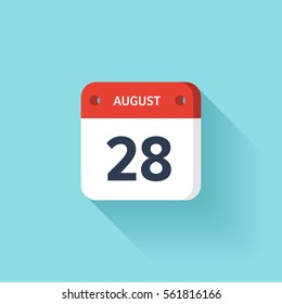 August 28. Isometric Calendar Icon With Shadow.Vector Illustration,Flat Style.Month and Date.Sunday,Monday,Tuesday,Wednesday,Thursday,Friday,Saturday.Week,Weekend,Red Letter Day. Holidays 2017.