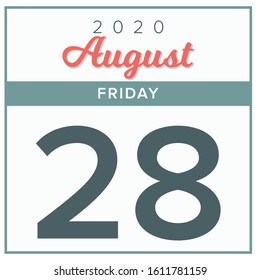 
August 28th, 2020. Calendar day icon. Red and grey color.