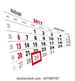 August 29, highlighted on 2017 calendar. Week starts from Sunday. Vector Illustration.