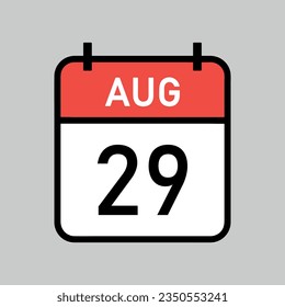 august 29 red and white color calendar page with black outline, calendar date vector illustration