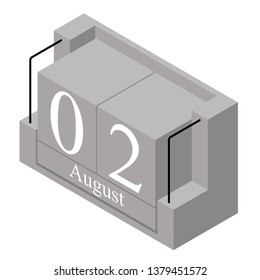 August 2nd date on a single day calendar. Gray wood block calendar present date 2 and month August isolated on white background. Holiday. Season. Vector isometric illustration