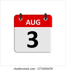 August 3 Calendar Icon. Calendar Icon with white background. Flat style. Date, day and month.