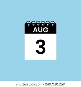 August 3  calendar reminder. 3rd  August Date Month calendar icon design template.