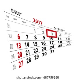 August 3, highlighted on 2017 calendar. Week starts from Sunday. Vector Illustration.