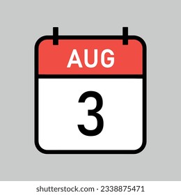 August 3, red and white color calendar page with black outline, calendar date vector illustration