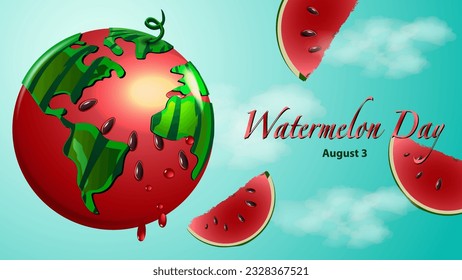 August 3 Watermelon Day. Bunner design template with watermelon planet and watermelon slices.