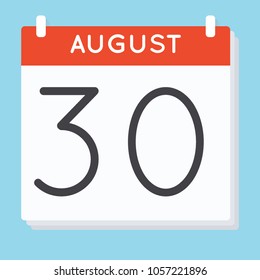 August 30. Calendar icon. Vector illustration in flat design isolated in blue background. Date and time, day, month.