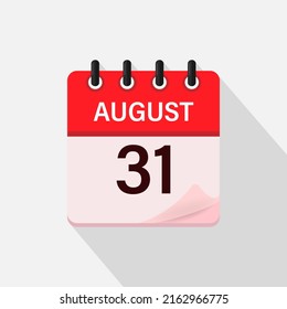 August 31, Calendar icon with shadow. Day, month. Flat vector illustration.