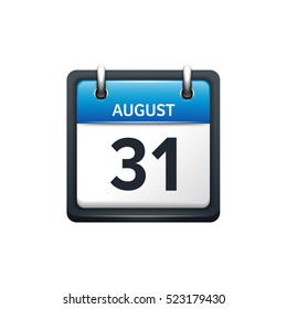 August 31. Calendar icon.Vector illustration,flat style.Month and date.Sunday,Monday,Tuesday,Wednesday,Thursday,Friday,Saturday.Week,weekend,red letter day. 2017,2018 year.Holidays.