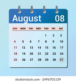 31 de agosto. Calendario de icono plano aislado sobre fondo azul. Fecha y mes de Ilustración vectorial