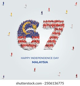 August 31 Happy Independence Day Malaysia Design. A large group of people form to create the number 67 as Malaysia celebrates its 67th Independence Day on the 31st of August.