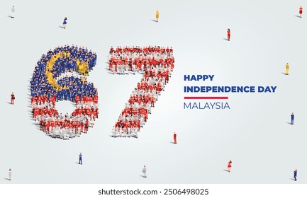 August 31 Happy Independence Day Malaysia Design. A large group of people form to create the number 67 as Malaysia celebrates its 67th Independence Day on the 31st of August.