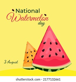 August 3rd. watermelon day. national watermelon day. watermelon holiday. 2 slices of yellow and red watermelon with seeds on a yellow background