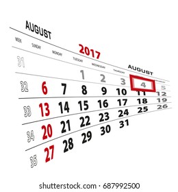 August 4, highlighted on 2017 calendar. Week starts from Sunday. Vector Illustration.